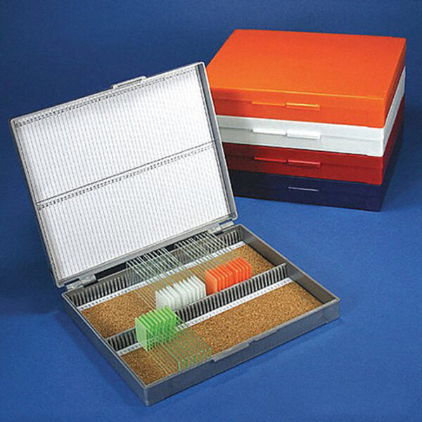 513079B Globe Scientific, Inc. Slide Storage Box, Holds 100 Slides, Cork Lined, Blue.